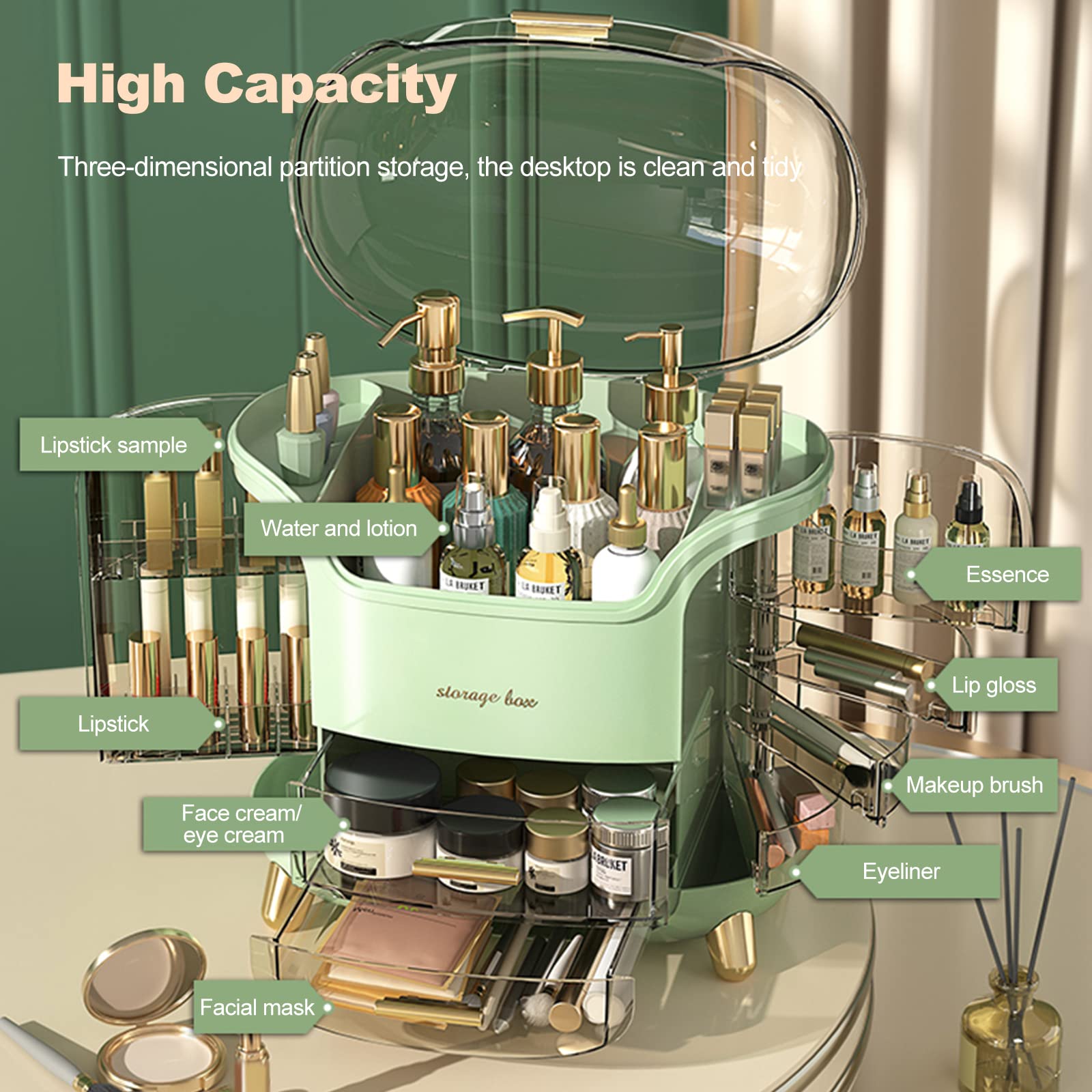 Galatée Large Capacity Makeup Organizer Box - Multifunctional Cosmetic Storage for Powder, Jewelry & Lipstick - Travel-Friendly Green Makeup Case | Perfect for Vanity, Travel & Home Organization