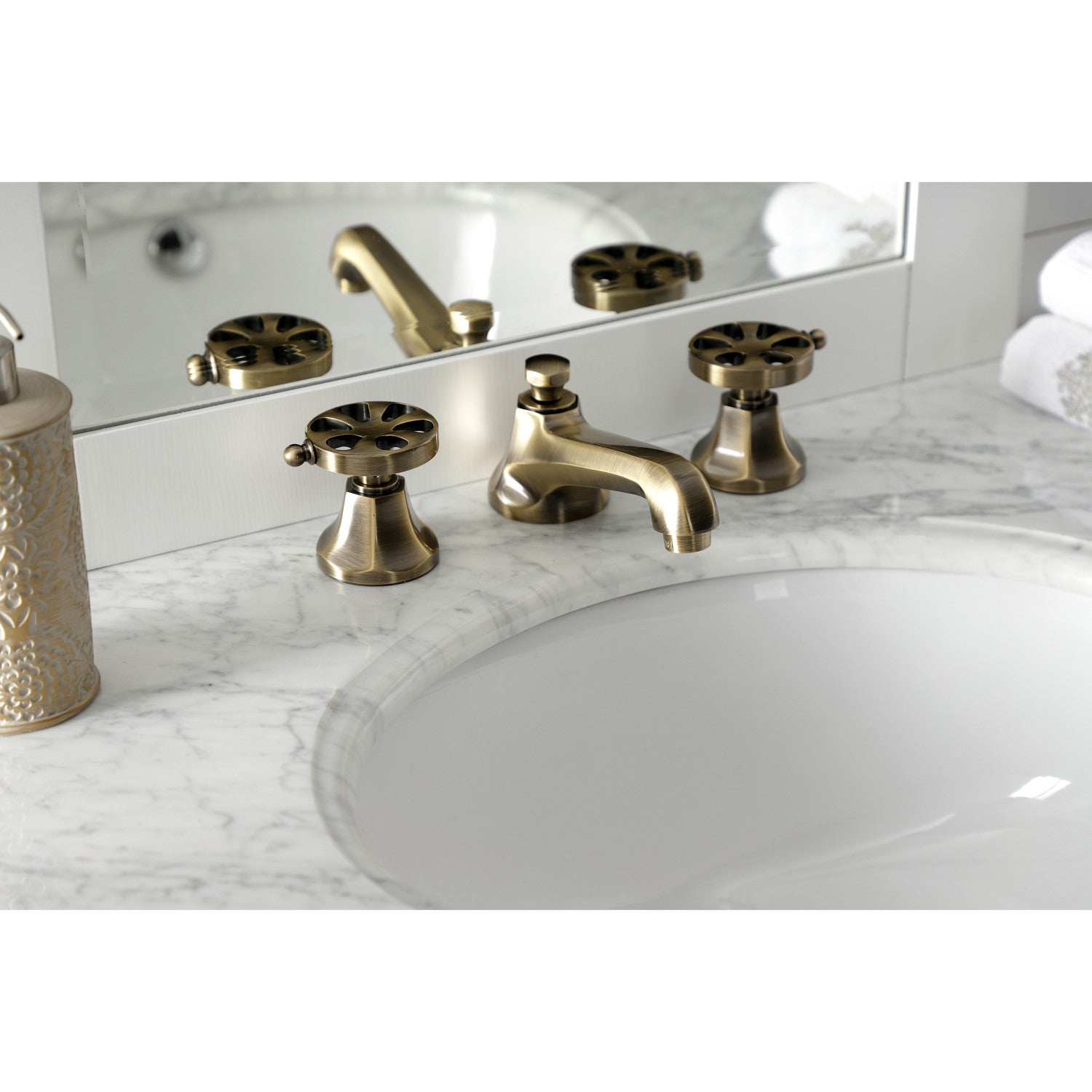 Belknap KS4463RX Antique Brass 3-Hole Widespread Bathroom Faucet with Pop-Up Drain - Perfect for Vintage Style Bathroom Renovations and Modern Home Upgrades