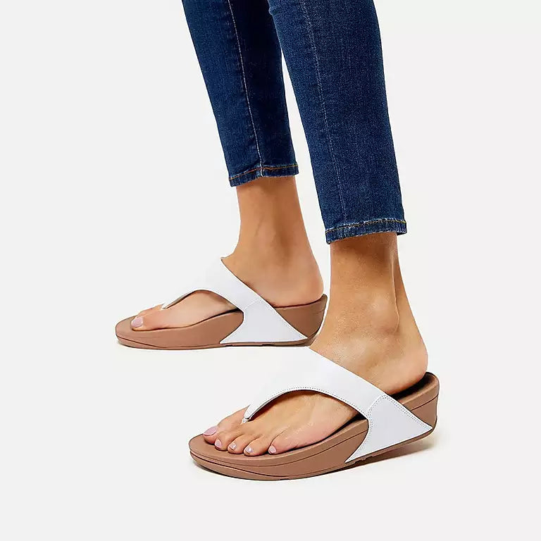 FitFlop Lulu Leather Sandals for Women - Comfortable White Leather Flip Flops with Arch Support | Perfect for Beach, Pool, and Summer Vacation Outfits
