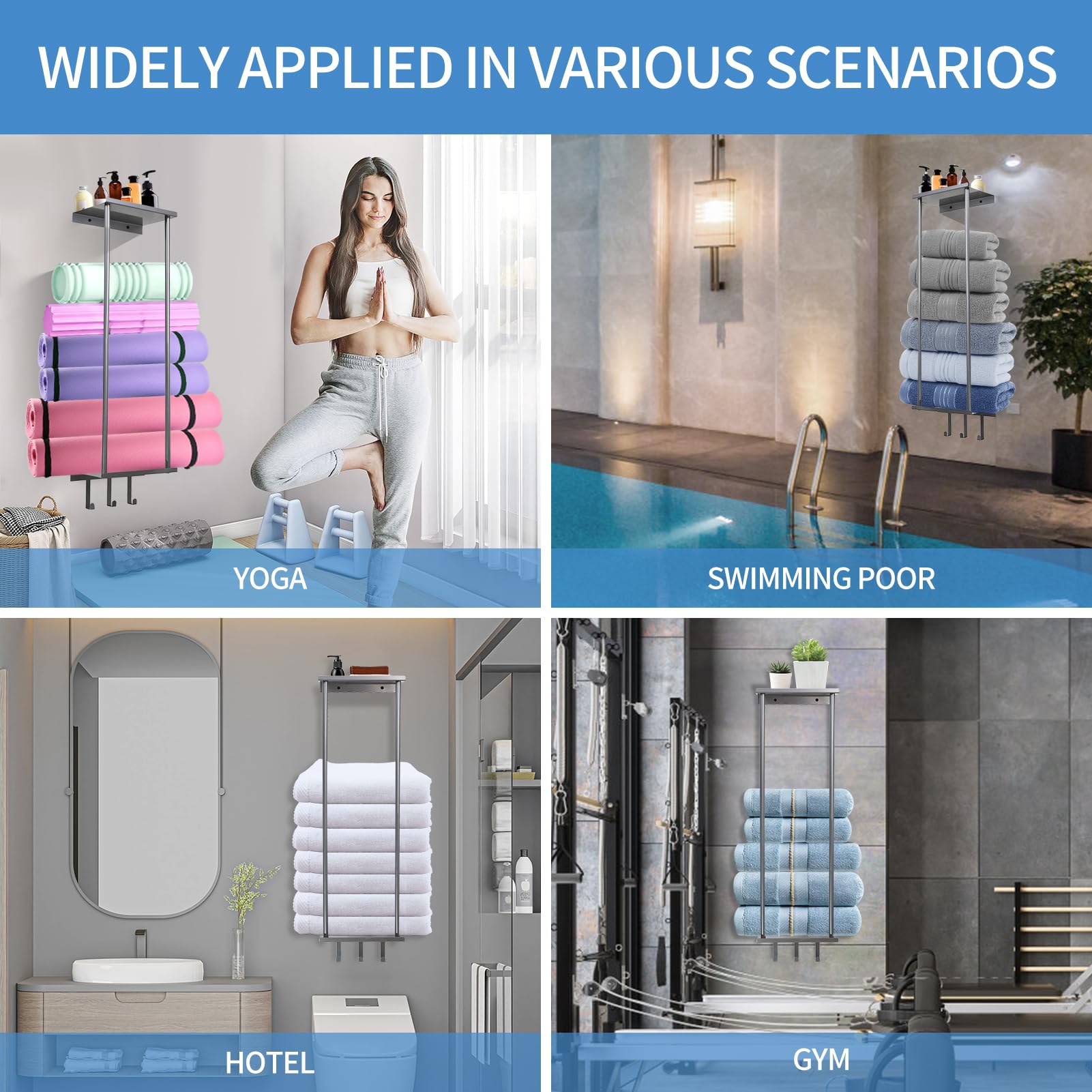 Premium Wall Mounted Towel Rack - Silver Metal Bathroom Organizer with Shelf & 3 Removable Hooks for Rolled Towels - Perfect for Small Bathrooms, Apartments, and Spa-Style Decor