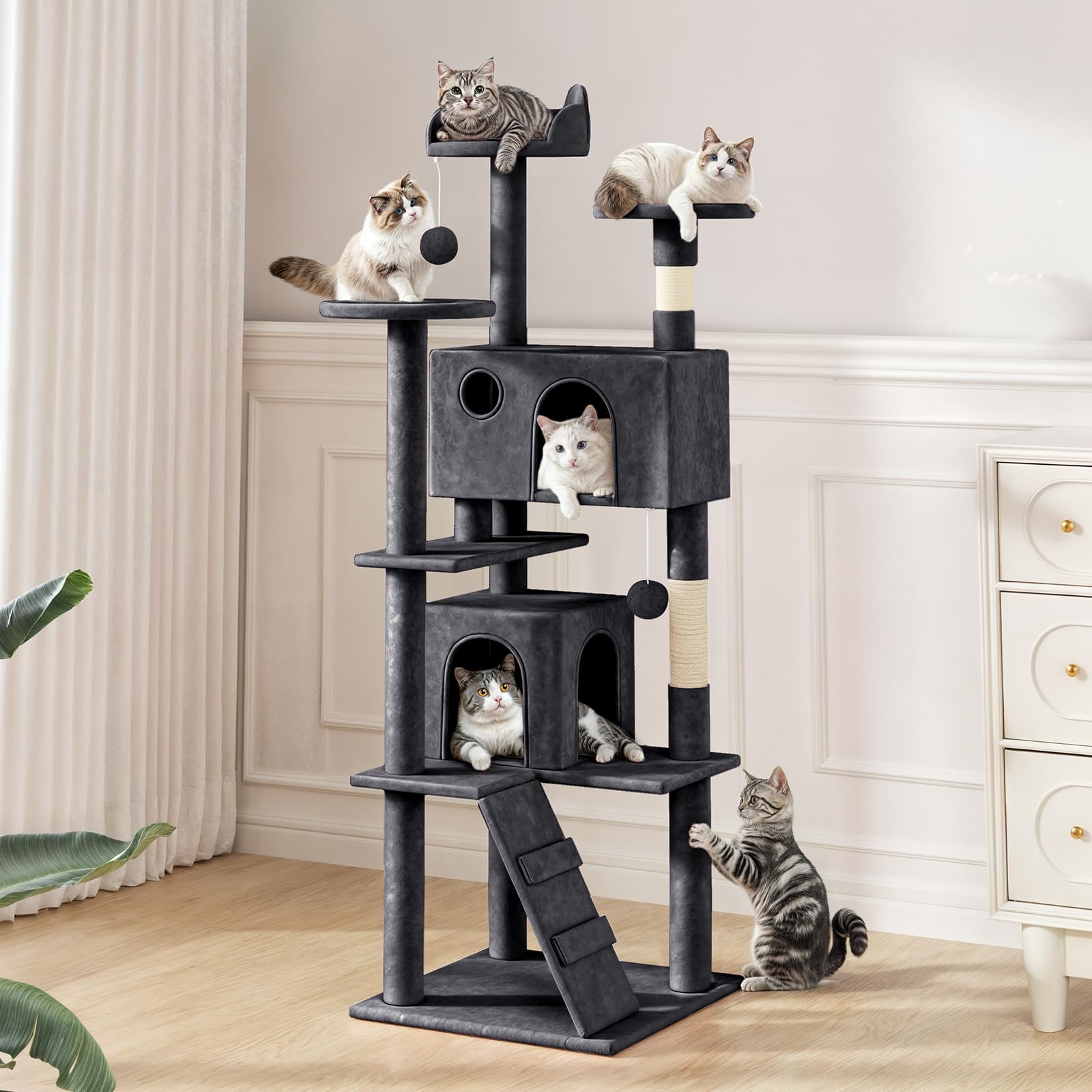 MoNiBloom 60 Inch Cat Tree Tower with 2 Cat Condos, Scratching Posts & Perches - Multi-Level Cat Climbing Furniture for Indoor Cats (Smoky Grey) - Perfect for Small Spaces, Apartments & Playful Kittens
