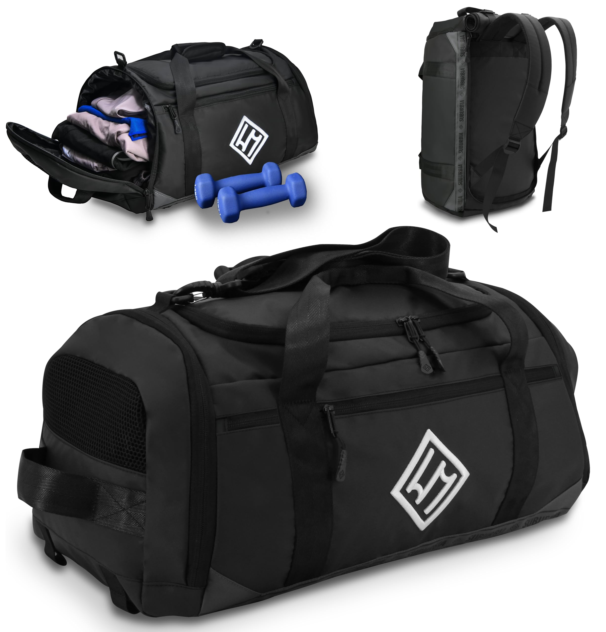 46L Water Resistant Gym Bag for Men & Women - Sports Duffle Backpack with Shoe Compartment & Wet Pocket - Ideal for Travel, Workout, Weekender & Overnight Trips - Black