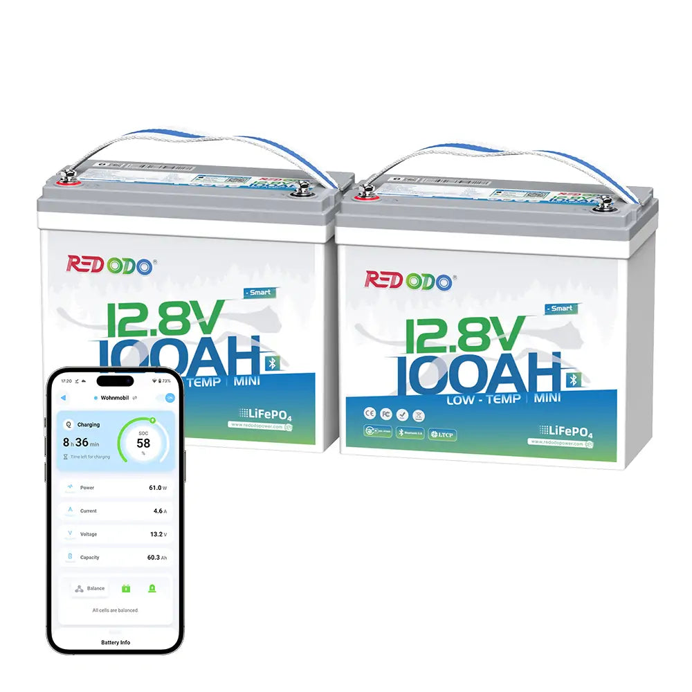 Redodo 12V 100Ah Mini Bluetooth LiFePO4 Battery - Deep Cycle Lithium Battery for RV, Marine, Solar Power - Perfect for Off-Grid Living, Camping & Backup Power