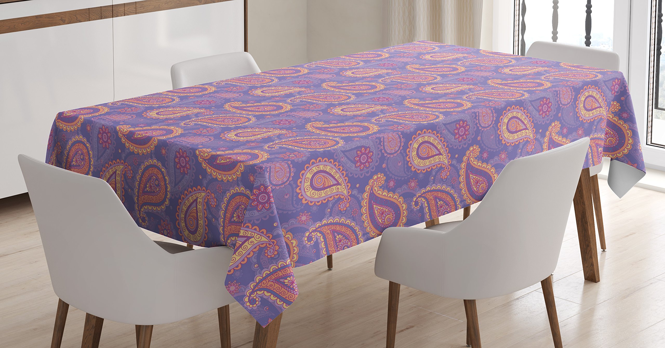 Ambesonne Bohemian Paisley Tablecloth 60x84 Inches - Traditional Persian Psychedelic Folk Pattern Rectangular Table Cover for Dining Room & Kitchen - Lavender Peach Cream Ethnic Decor for Parties & Home Decor