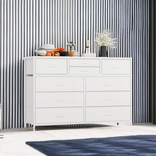 Jojoka 10-Drawer Wide Dresser with Wood Top & Steel Frame - Fabric Storage Cabinet for Bedroom, Hallway, Nursery, Closet - Perfect TV Stand & Entertainment Center Organizer (White)