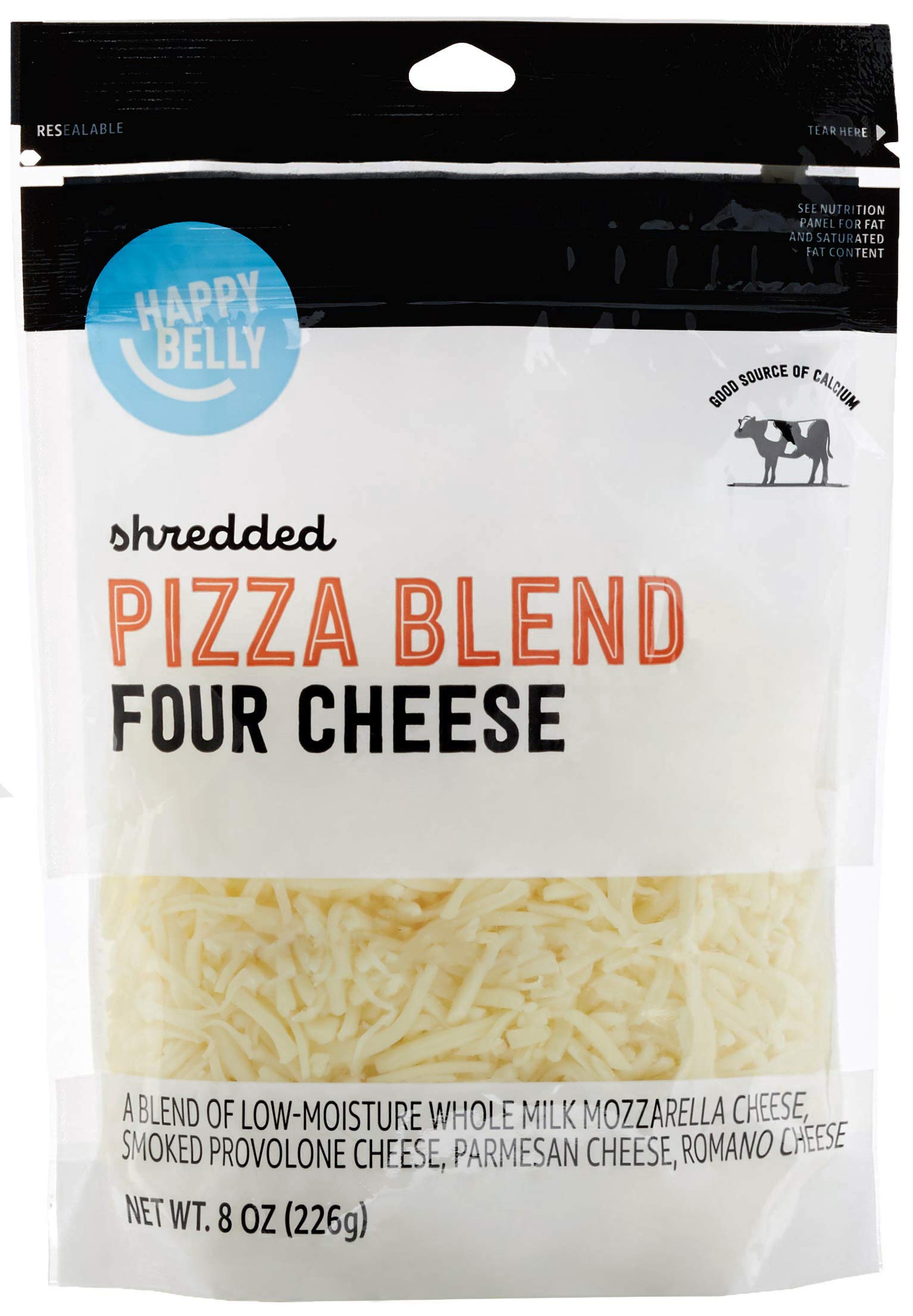 Happy Belly Shredded Pizza Blend Four Cheese (Mozzarella, Smoked Provolone, Parmesan, Romano) - 8 oz | Perfect for Homemade Pizzas, Pasta, Salads & Sandwiches