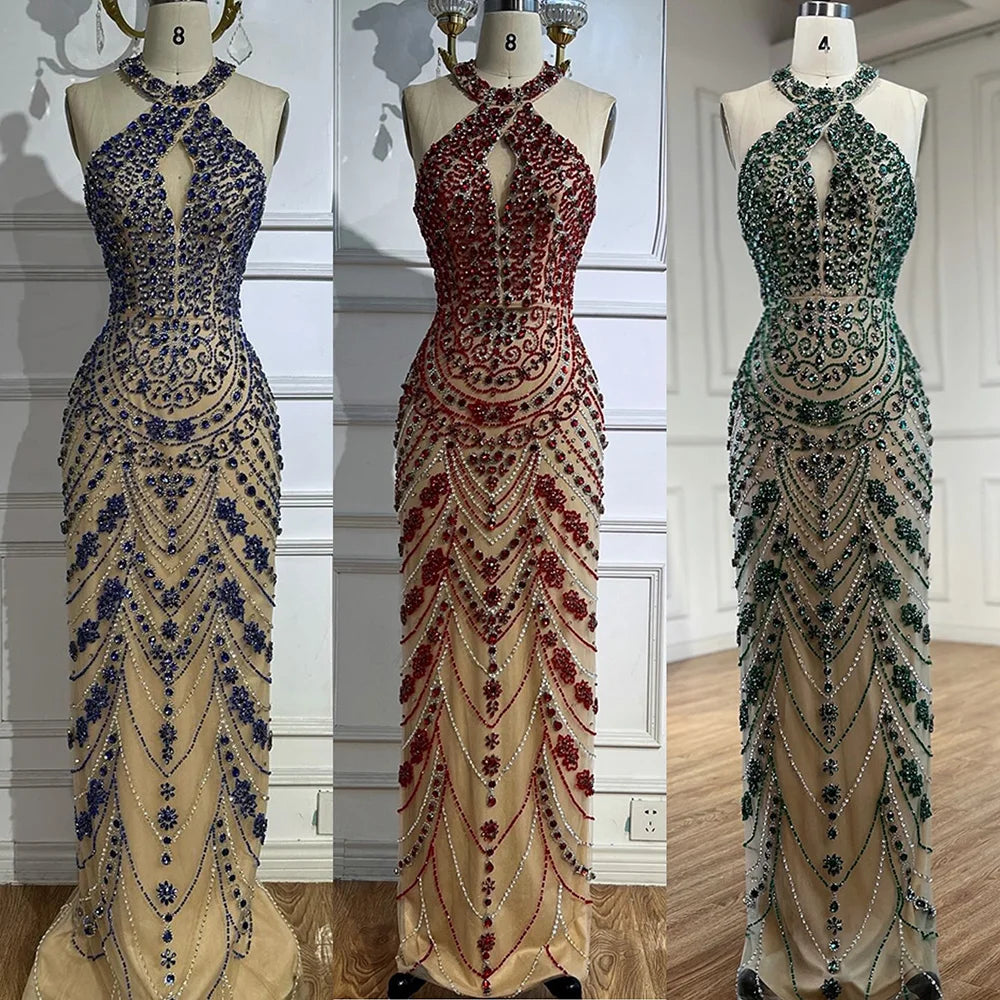 Elegant Blue Halter Neck Crystal Beaded Evening Gown LA72760 - Perfect for Prom, Gala, and Formal Events