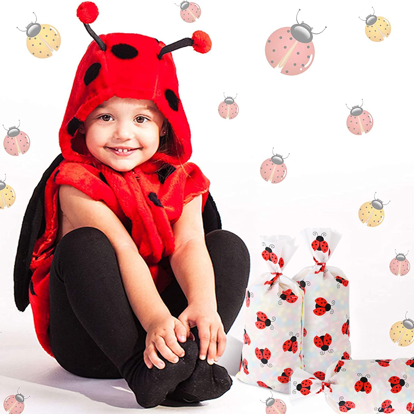 100 Pcs Ladybug Treat Bags - Red Cellophane Candy Bags with Twist Ties for Birthday Party Favors, Baby Shower, Garden Theme Decorations & Kids Party Supplies - Perfect for Ladybug-Themed Celebrations and Classroom Treats