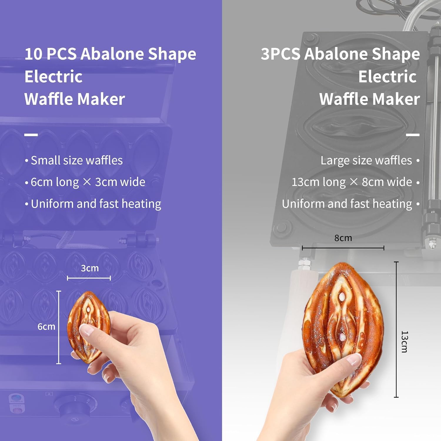 3-Piece Commercial Abalone-Shaped Electric Waffle Maker with Removable Non-Stick Plates - Unique Waffle Iron for Hot Dogs, Sausages & Party Snacks - Perfect for Breakfast, Brunch, Parties & Catering Events