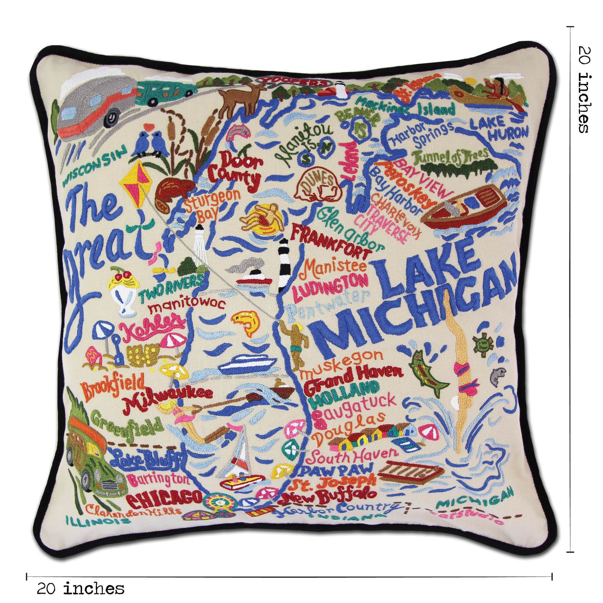 Lake Michigan Embroidered Decorative Throw Pillow - Handmade Home Decor for Couch, Bed & Living Room - Perfect for Coastal & Nautical Themed Interior Design