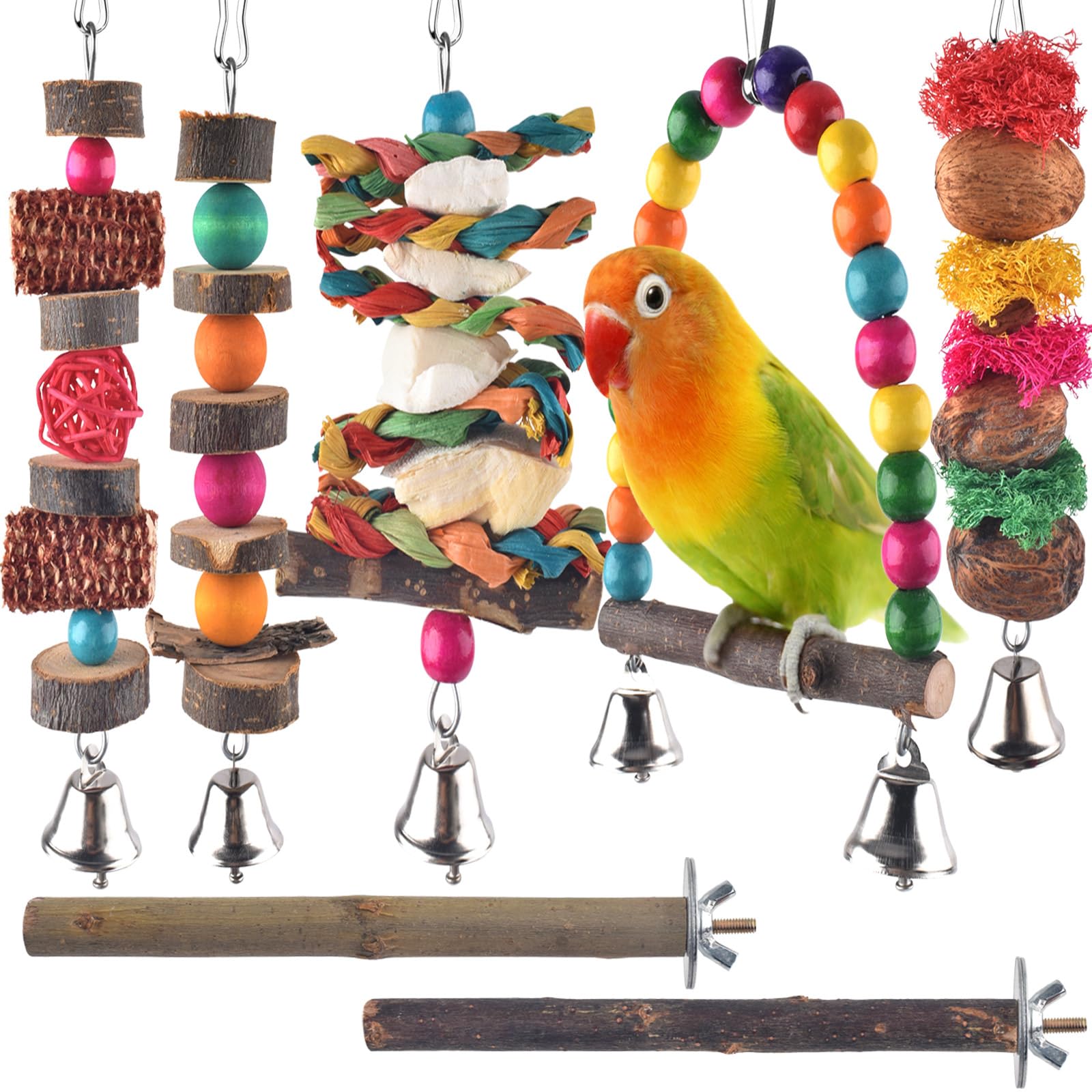 **7 Pack Bissap Bird Chew Toys - Natural Wood Parrot Hanging Cage Toys, Perch Stand for Small Birds - Conure, Cockatiel, Parrotlet, Lovebird, Budgie - Perfect for Cage Enrichment & Playtime**