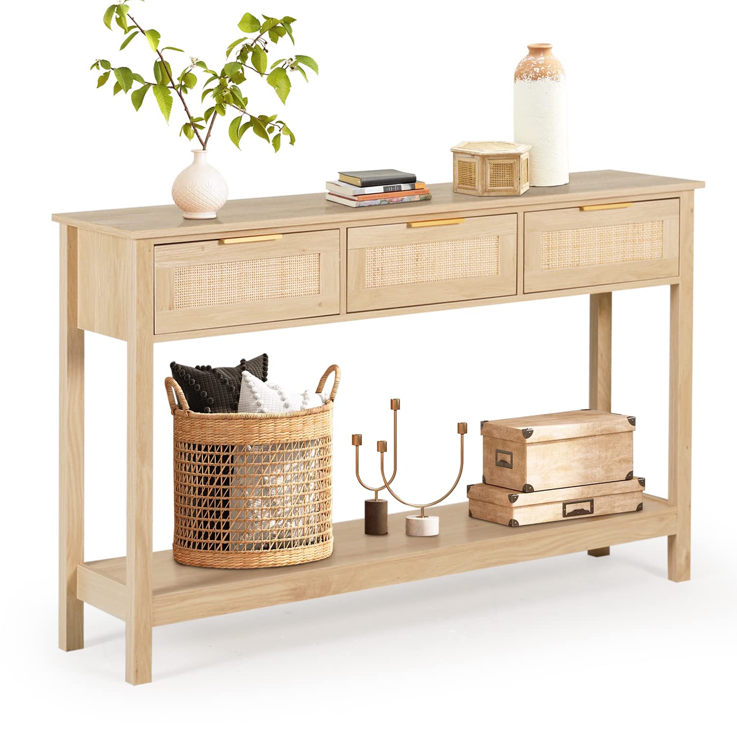 LAZZO Rattan Console Table - Narrow Long Sofa Table with 3 Drawers & Open Shelf, Boho Entryway Hallway Foyer Table for Living Room, Corridor, Behind Couch - Natural Wood Home Decor for Small Spaces & Apartment Entryways