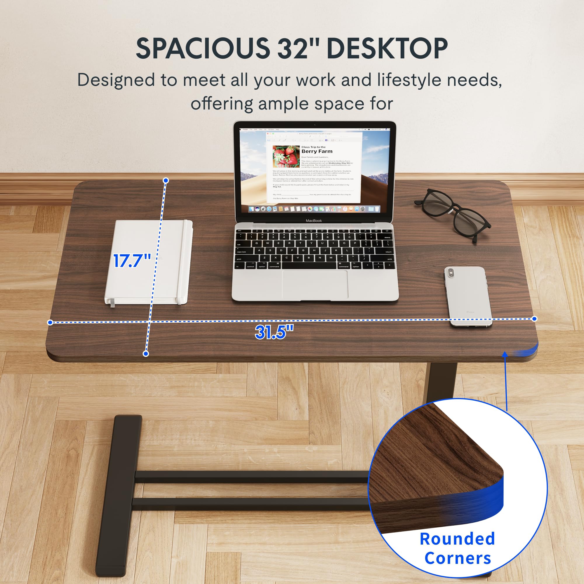 FLEXISPOT Adjustable C-Shaped End Table with Wheels - Mobile Rolling Side Table for Sofa, Couch & Bed - Laptop Cart, TV Tray & Nightstand for Small Spaces - Rustic Brown - Perfect for Living Room, Bedroom & Office Use