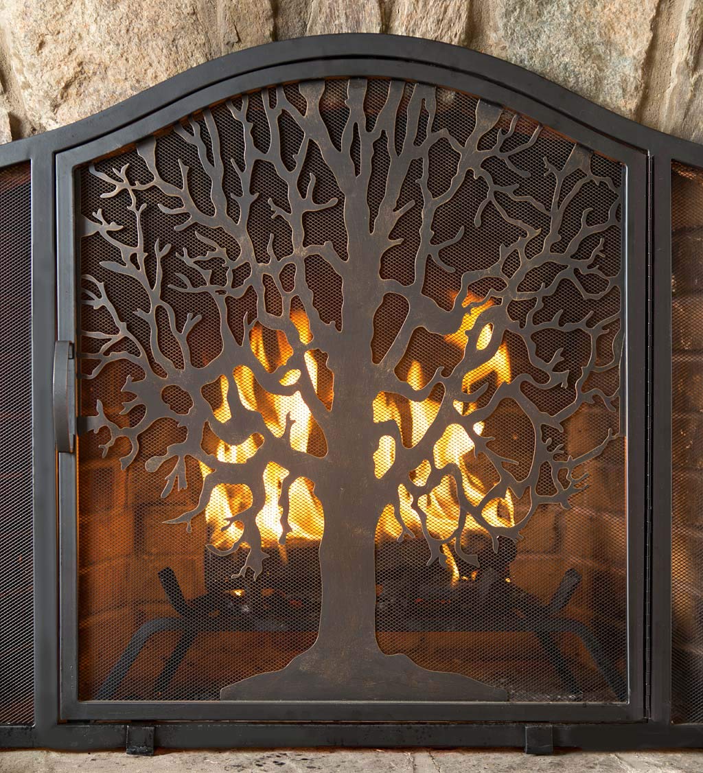 Plow & Hearth 44-Inch Black Metal Fireplace Screen with Tree of Life Design - 44