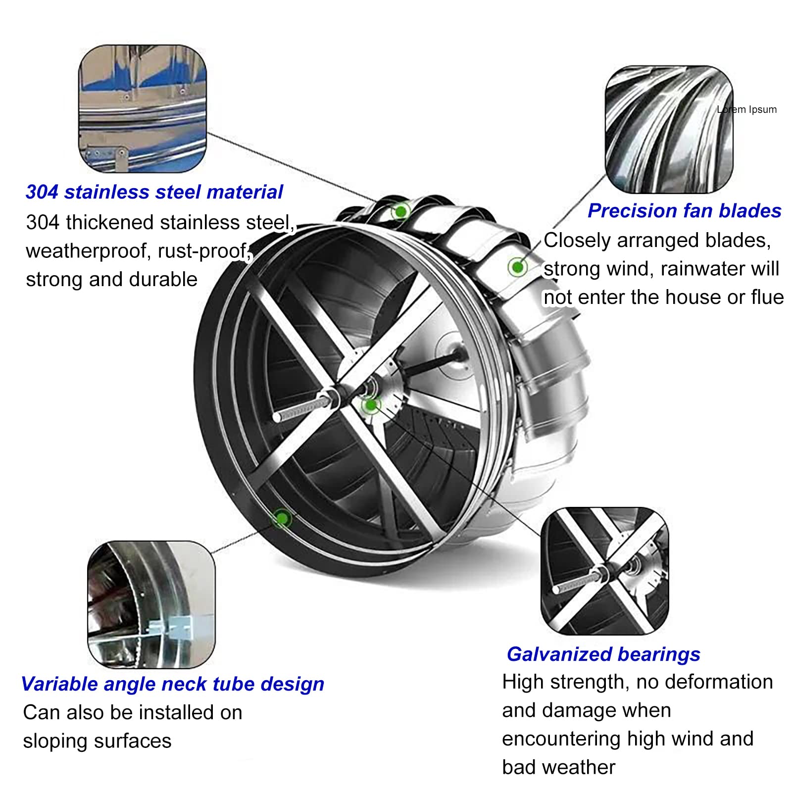 BYBDOG Stainless Steel 304 Weatherproof Ceiling Turbine Ventilator - Rotating Chimney Hood Ventilation with Rain Cover, Prevents Bird Entry - Ideal for Home, Garage, Warehouse & Industrial Ventilation