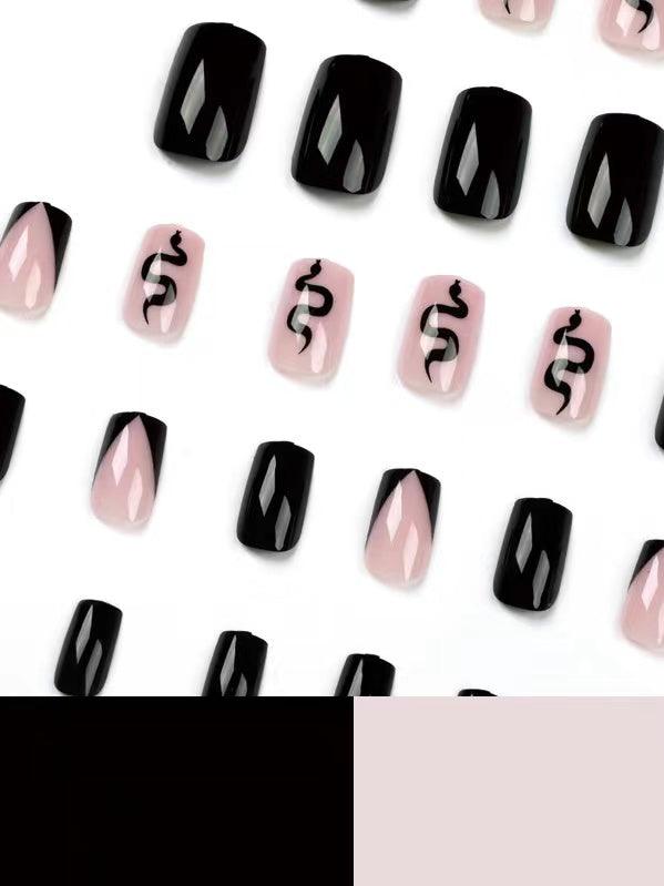 Lovevop Black Pink Snake Print False Nails - Long Lasting Press on Nails for Parties, Weddings & Special Occasions