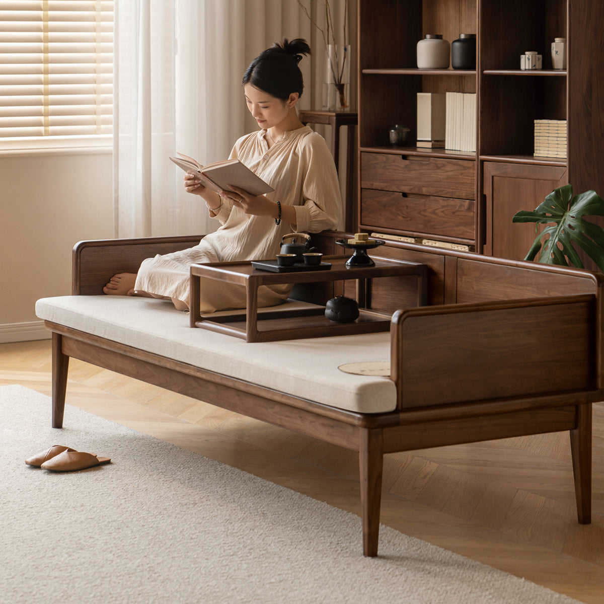 Premium Solid Wood Bed Frame - Black Walnut & Oak - Modern Chinese Style Bedroom Furniture for Master Bedroom or Guest Room