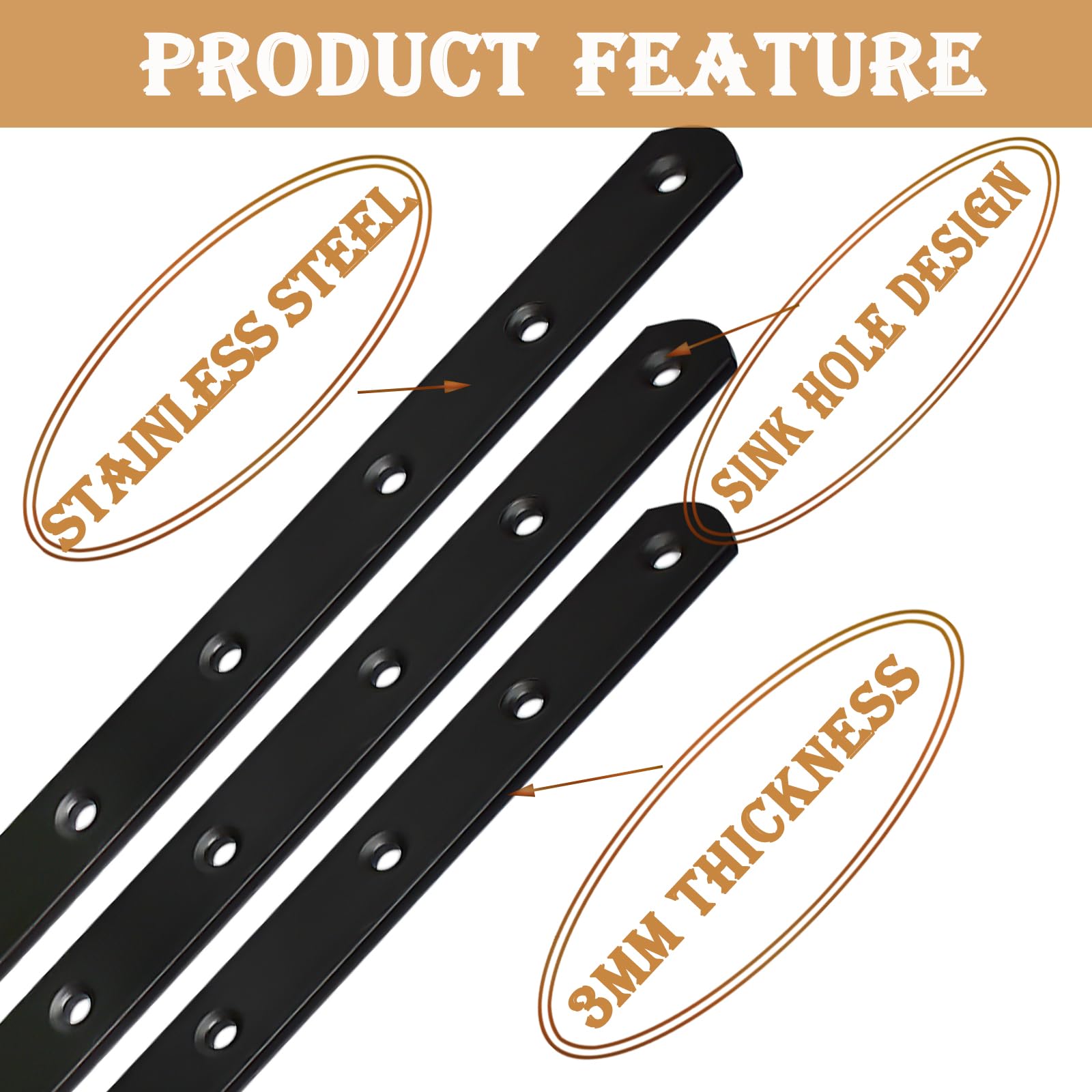 12 Pack Black 8-Inch (200mm) Heavy Duty Metal Straight Brackets - Mending Plates for Wood Fence, Bookcase, Cabinet & Furniture Repair - Durable Joining Plates for DIY Projects & Home Improvement