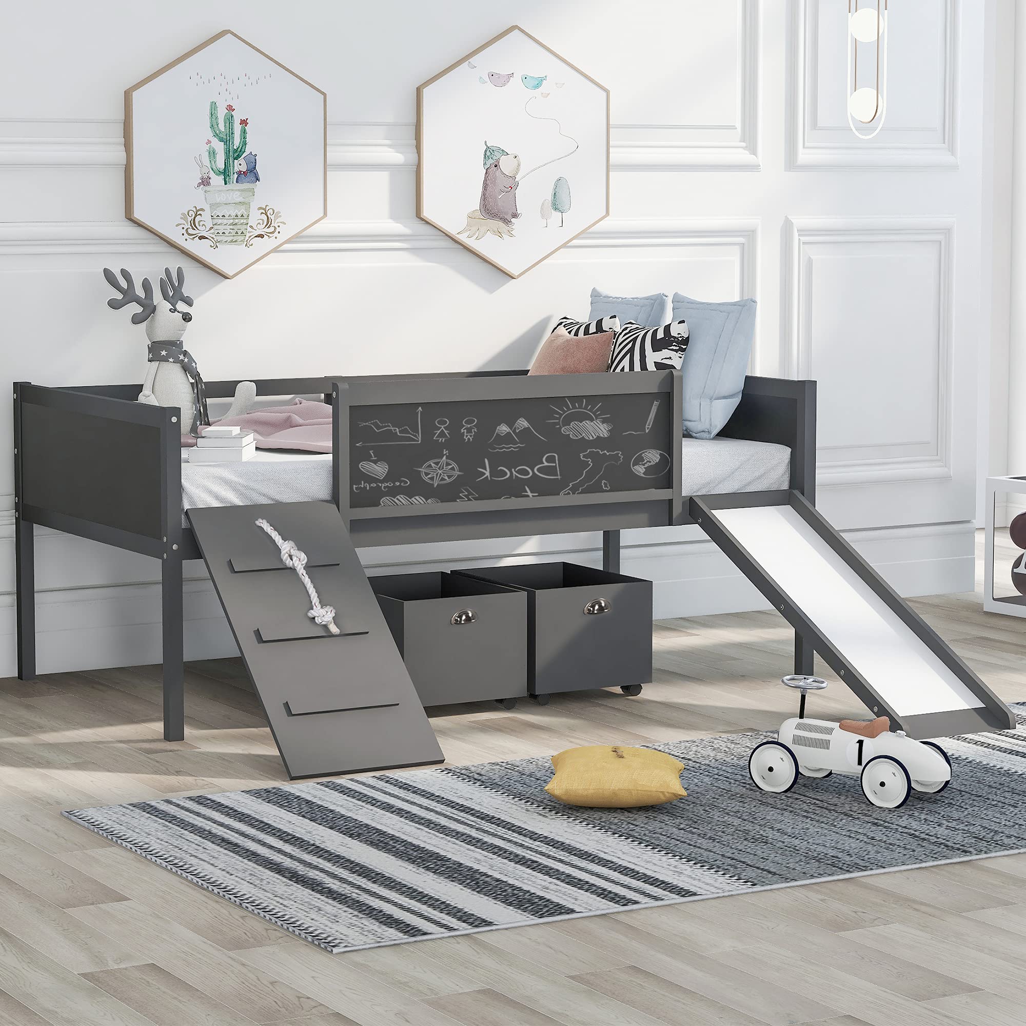 Harper & Bright Designs Twin Size Low Loft Bed with Slide, Climbing Frame, Rope & 2 Storage Boxes - Gray Wooden Kids Loft Bed with Chalkboard | Perfect for Small Bedrooms, Playrooms & Dorm Rooms