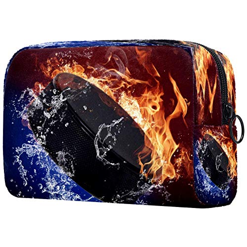 **Hockey Puck Fire Flames Splashing Water Cosmetic Bag - Travel Makeup Pouch & Toiletry Organizer for Women & Girls - Perfect for Gym, Travel, and Daily Use**