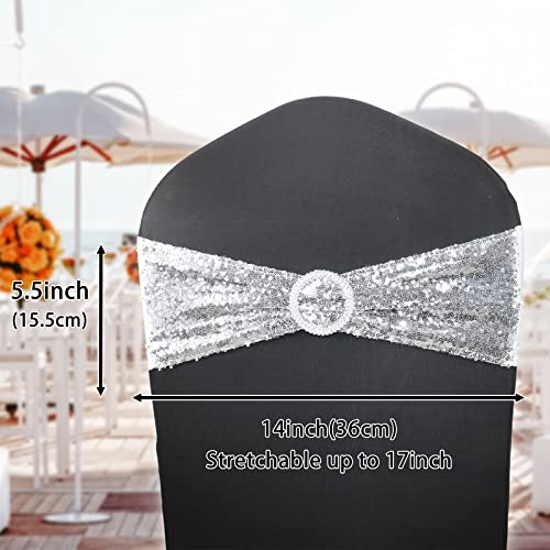 100PCS Silver Sequin Chair Sashes - One-Sided Glittering Chair Covers for Wedding, Reception, Party & Hotel Events | Stretchable Chair Bands for Elegant Table Decorations