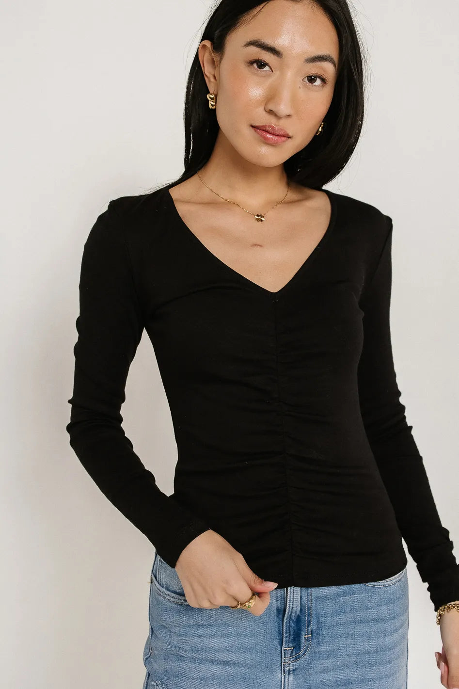 Mackenzie Ruched Black Top for Women | Elegant & Stylish Blouse | Perfect for Parties, Dates & Night Out