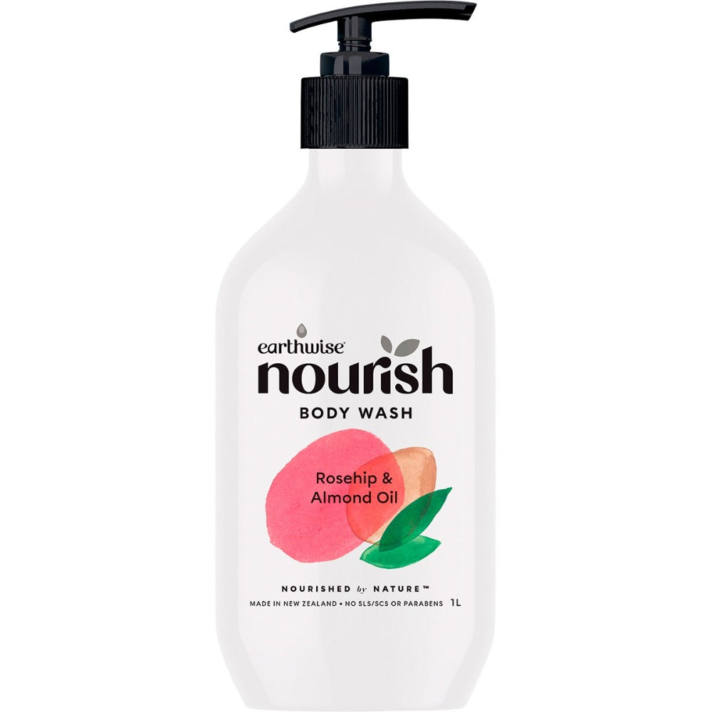 EARTHWISE NOURISH Body Wash with Rosehip & Almond Oil - 1L for Hydrating & Soothing Skin - Perfect for Dry Skin Care & Daily Shower Routine
