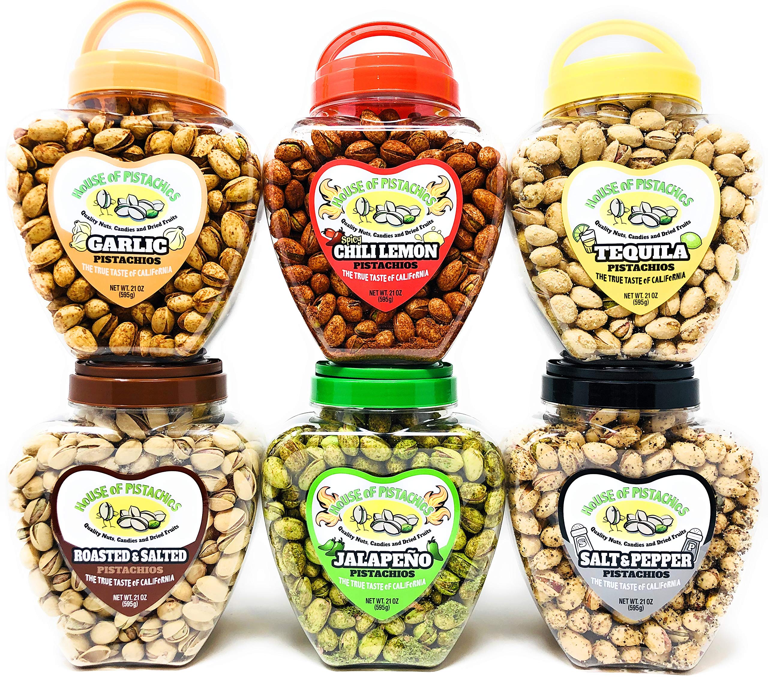 Premium Flavored Pistachios in Jars - 6 Delicious Varieties: Salted, Jalapeno, Tequila, Garlic, Salt & Pepper, Chili Lemon - Authentic Family Recipe - California Grown Nuts - Perfect for Snacking, Gifts & Party Favors