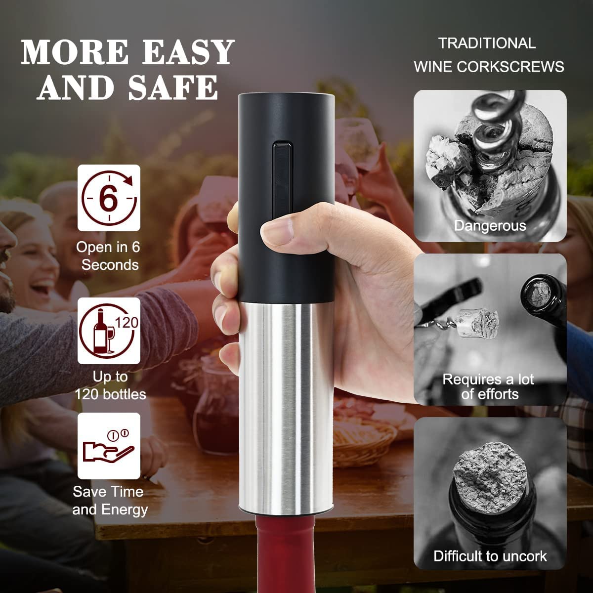 Rechargeable Electric Wine Bottle Opener - Automatic Wine Opener with Foil Cutter, Stainless Steel Charging Model - Perfect Wine Gift for Home, Parties & Restaurants