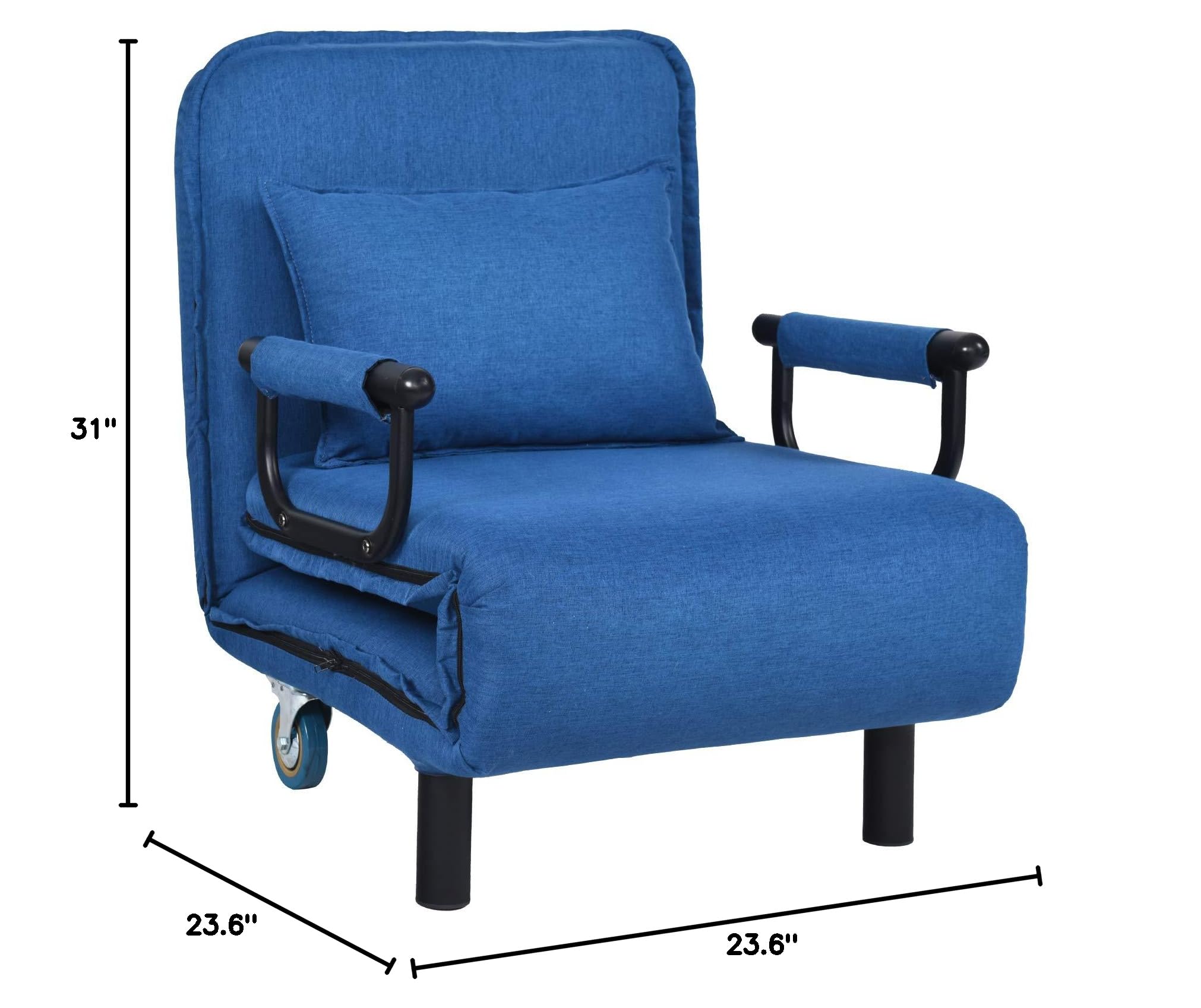 5-Position Adjustable Convertible Sofa Bed Sleeper Chair with Wheels - Modern Chaise Lounge, Folding Arm Chair with Pillow & Upholstered Seat - Perfect for Small Spaces, Guest Room, Home Office & Apartment Living