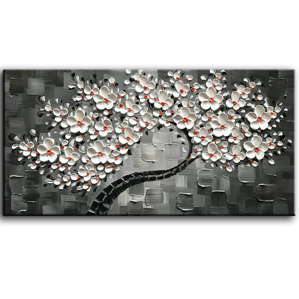 24x48 Inch Hand-Painted Contemporary Abstract Oil Painting - White Flowers Tree 3D Canvas Wall Art for Living Room, Bedroom & Office Decor | Modern Floral Home Decor