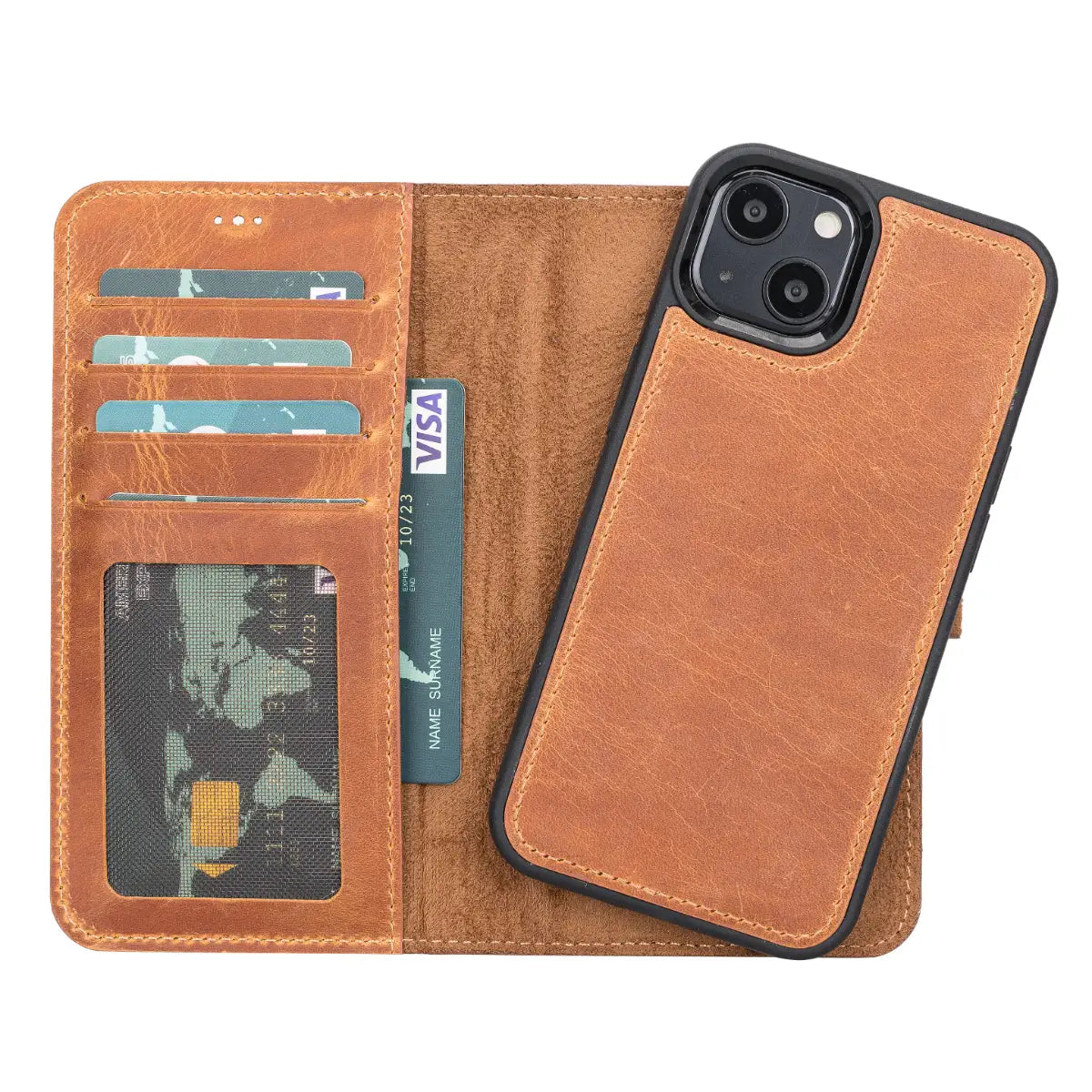 Premium Camel Brown Genuine Leather Wallet Case for iPhone 13 - Slim Protective Cover with Card Slots | Perfect for Everyday Use, Travel & Business (iPhone 13/6.1