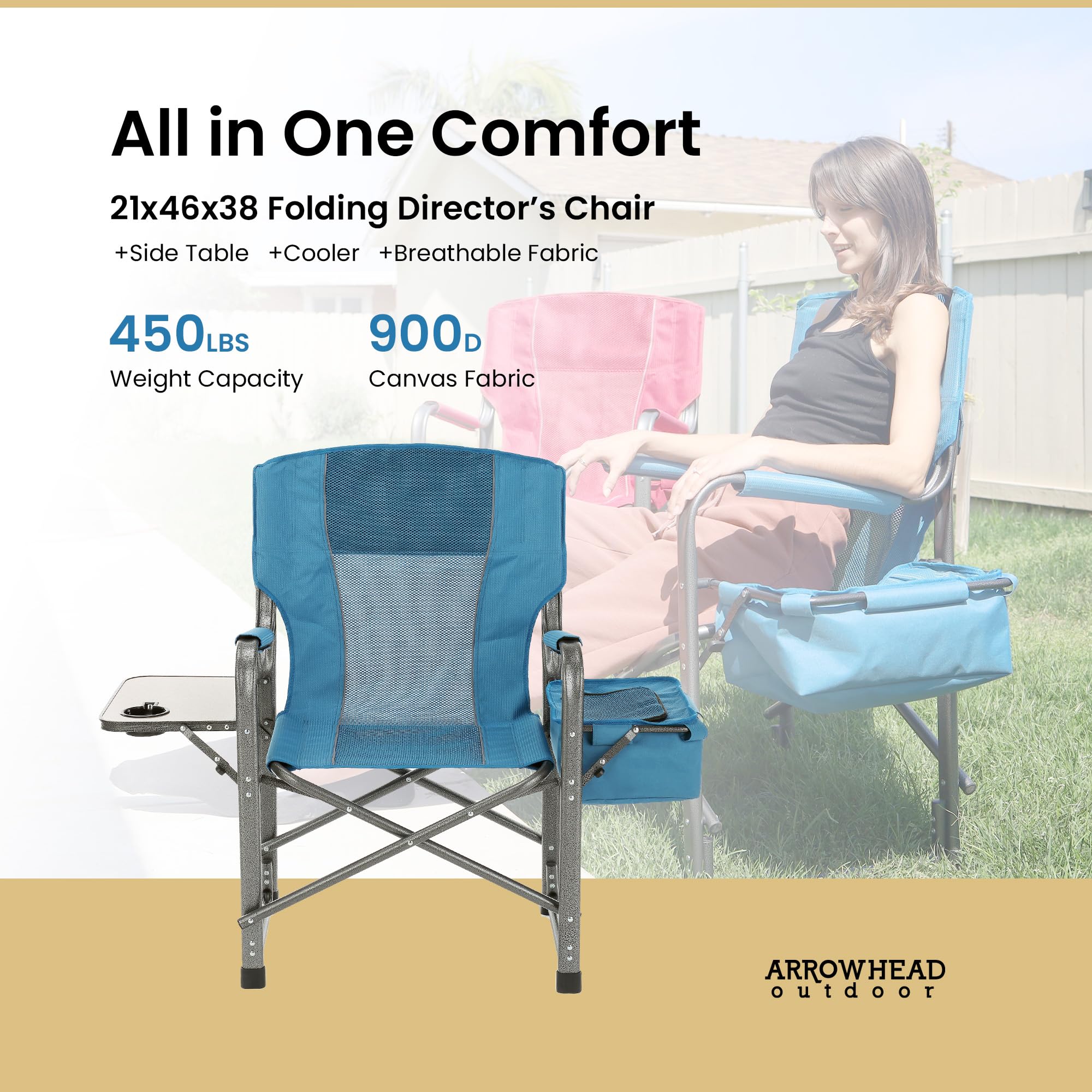 ARROWHEAD Folding Director’s Chair with Cooler & Side Table - 450lbs Capacity, Portable for Camping & Outdoor Events