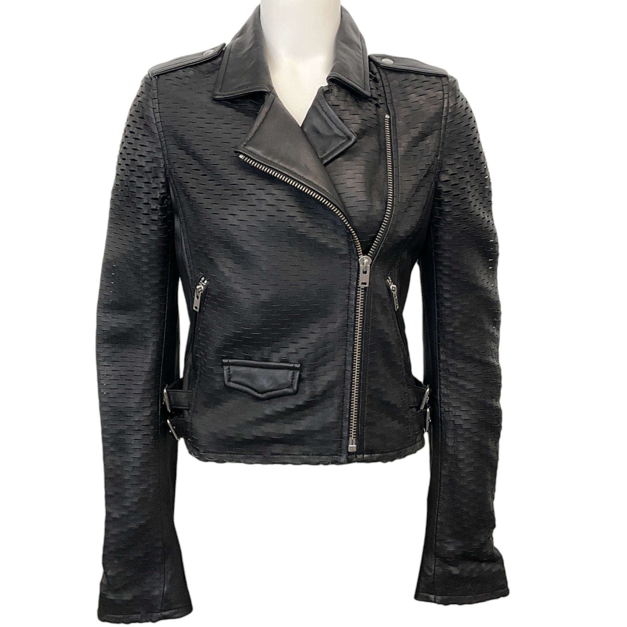 Iro Black Leather Perforated Moto Jacket for Women - Stylish Biker Jacket with Breathable Design | Perfect for Motorcycle Riding, Night Out & Fall Fashion