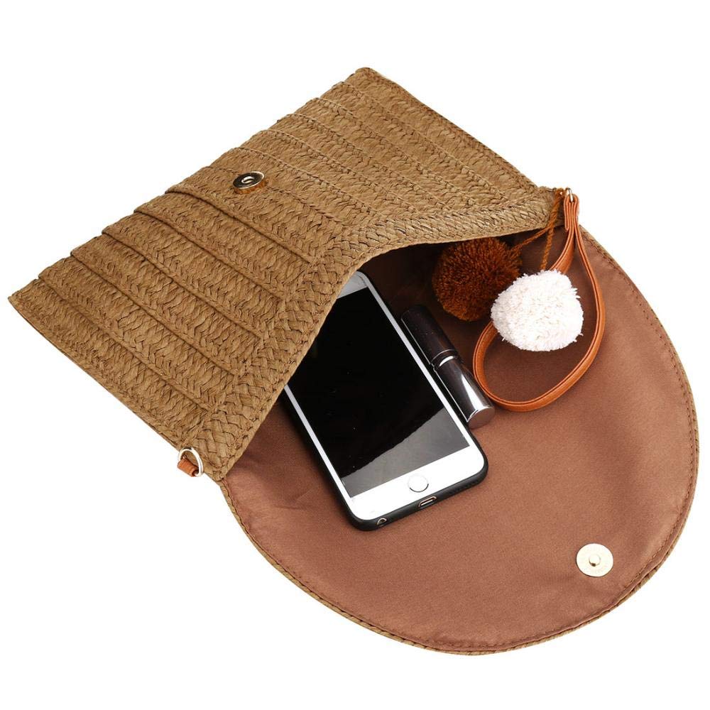 Natural Straw Clutch Shoulder Bag for Women - Woven Large Purse Handbag (Khaki) | Beach Wedding, Summer Vacation & Boho Style Accessory