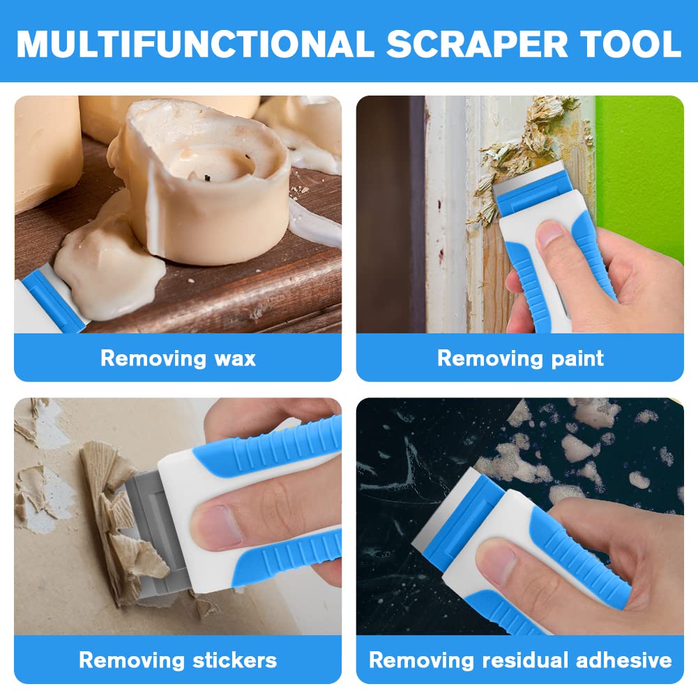Premium Stainless Steel Razor Blade Scraper - 20PCS Replacement Blades Included - Multi-Purpose Cleaning Tool for Stickers, Labels, Caulk & Paint Removal - Ideal for Glass Cooktops, Windows & DIY Projects (Grey & Blue)