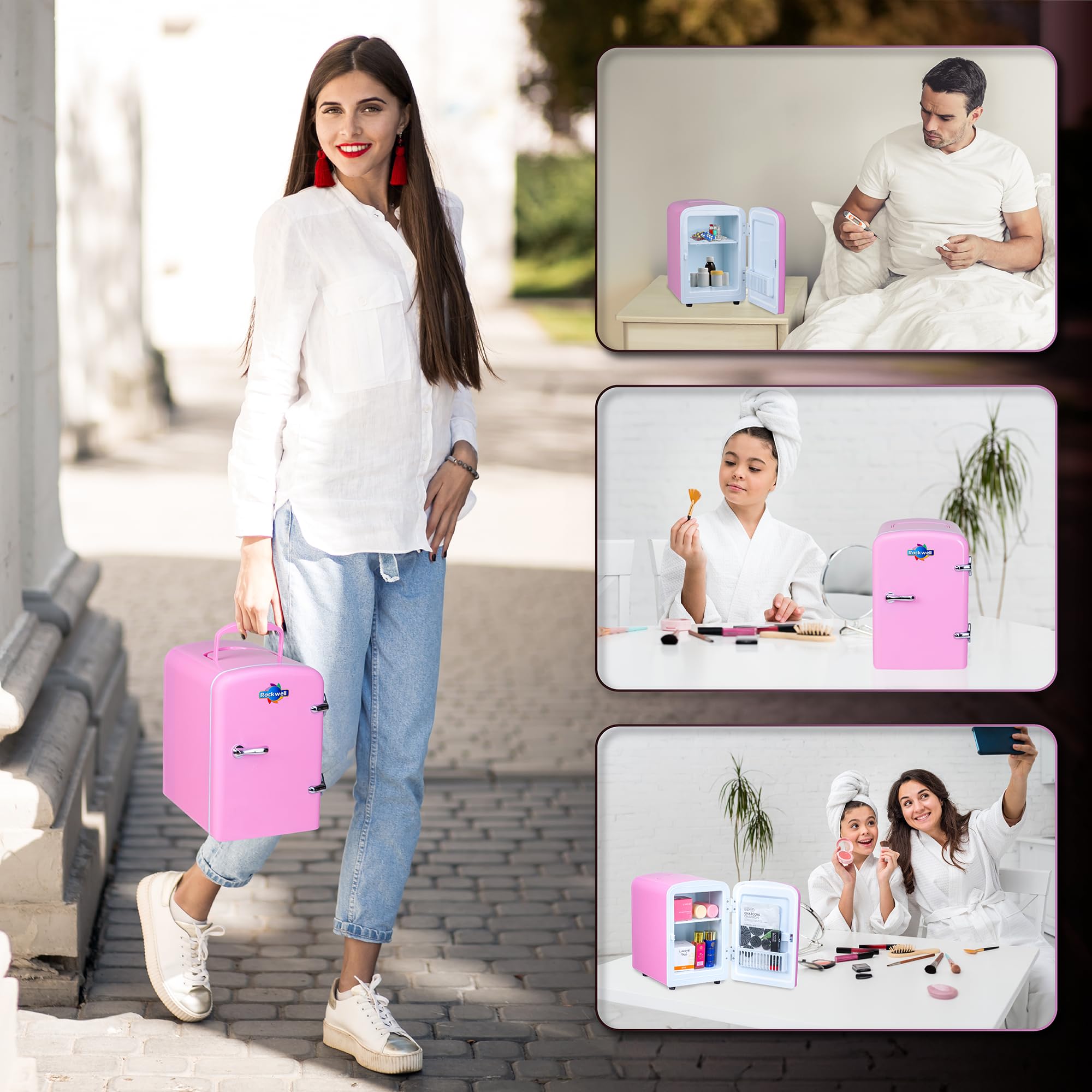 ROCKWELL 4L Retro Mini Fridge and Warmer - Portable Thermoelectric Cooler & Warmer for Skincare, Cosmetics, Medicine, Drinks & Snacks - AC/DC Power - Perfect for Bedroom, Office, Dorm & Travel - Pink