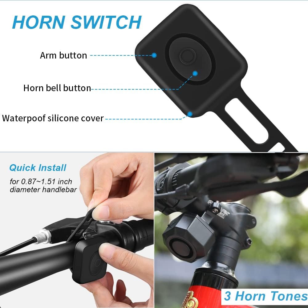 WSDCAM Rechargeable 110dB Loud Electric Bike Horn with Remote Control - Waterproof Bicycle Alarm & Anti-Theft Vibration Alert for E-Bikes, Scooters & Motorcycles - Perfect for Urban Commuting & Outdoor Cycling Safety
