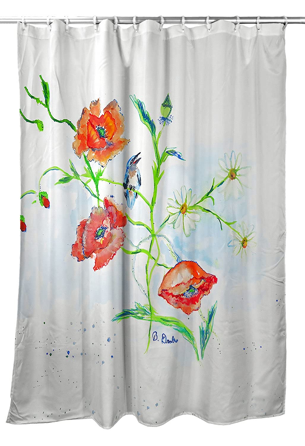 Betsy Drake Poppies & Daisies Waterproof Shower Curtain Set - Vintage Floral Bathroom Decor for Modern & Farmhouse Style Homes