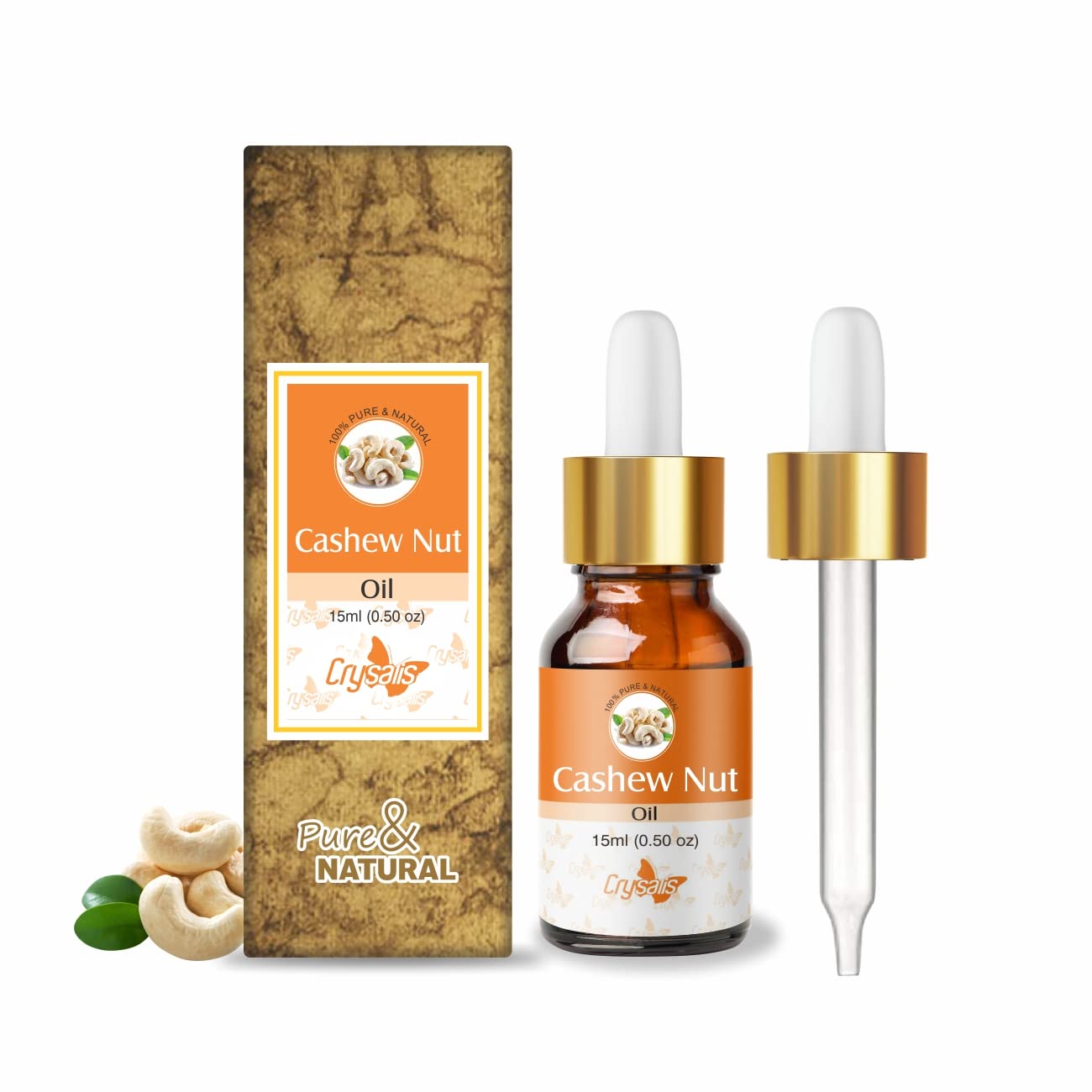 100% Pure Organic Crysalis Cashew Nut (Anacardium Occidentale) Oil - Undiluted Natural Carrier Oil for Skin & Hair Care | Therapeutic Grade for Healthy Skin & Hair | 15ml with Dropper | Perfect for Massage, Aromatherapy & DIY Beauty Recipes