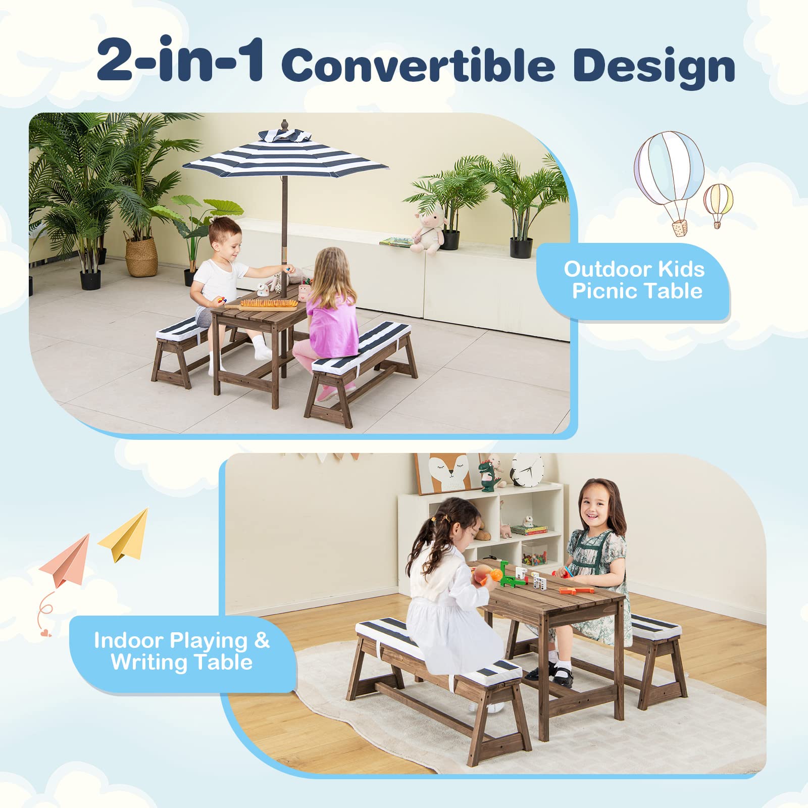 DORTALA Kids Picnic Table with Umbrella & Cushions - Wooden Outdoor Toddler Table and Bench Set for Ages 3-8, Blue - Perfect for Backyard Playdates, Birthday Parties & Outdoor Activities