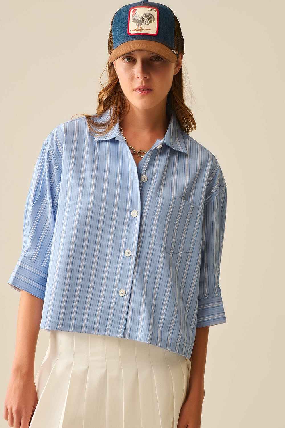 Oversized Cropped Striped Shirt Women's Blue & White Casual Summer Top - Perfect for Beach Outings, Street Style & Layered Looks