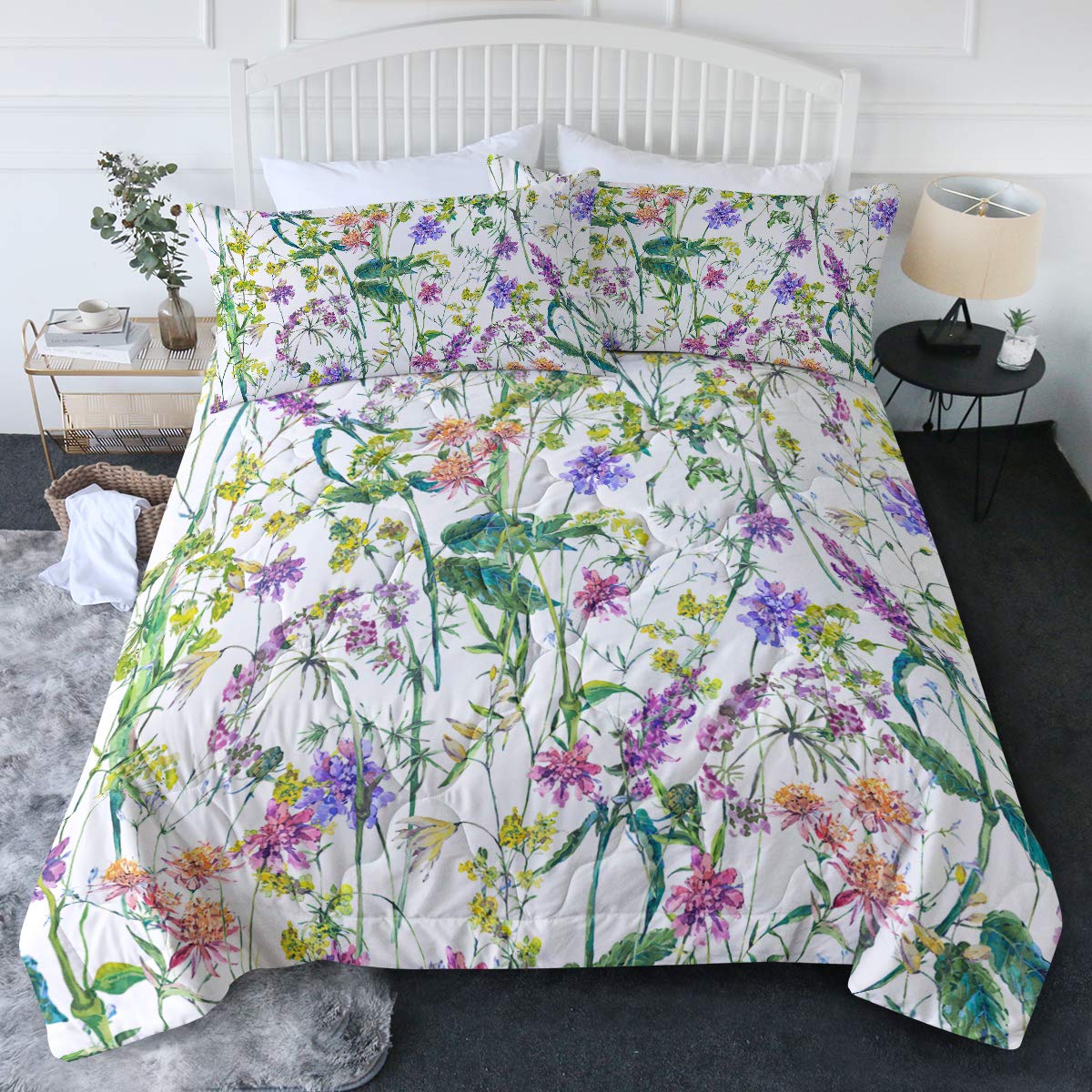 **BlessLiving Reversible King Comforter Set - Colorful Bouquet & Medicinal Flowers Pattern, 1 Comforter & 2 Pillowcases, Luxury Hotel-Style Bedding for Master Bedroom & Guest Room**