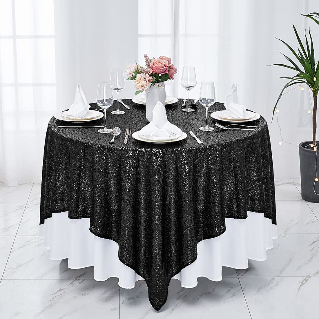Hahuho 50x50 Inch Black Sequin Tablecloth - Glitter Party Table Cover for Wedding, Birthday, Bridal Shower, Banquet & Dessert Table Decor - Perfect for Holiday Celebrations, Dinner Parties & Special Events