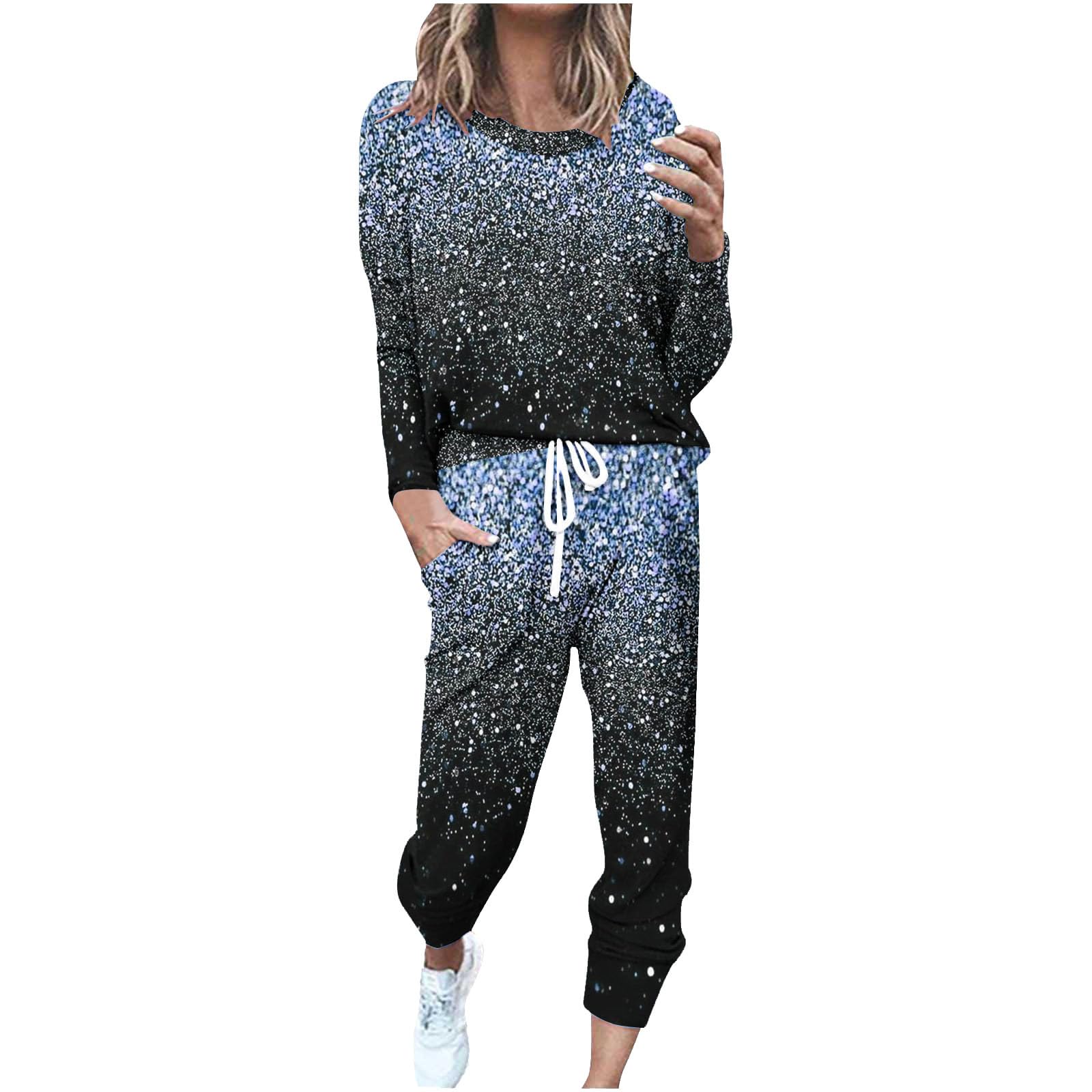 Women's 2-Piece Lounge Set Long Sleeve Printed Top & Drawstring Pants Comfy Outfit with Pockets - Perfect for Relaxing at Home, Yoga, or Casual Wear in 2024