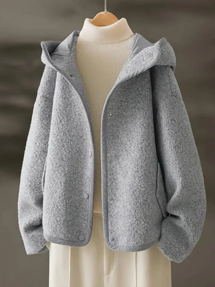 Women's Grey Hooded Jacket - Korean Fashion Long Sleeve Single Breasted Coat for Autumn Winter | Casual Loose Fit Holiday Tops | Perfect for Daily Wear, Travel & Outdoor Activities