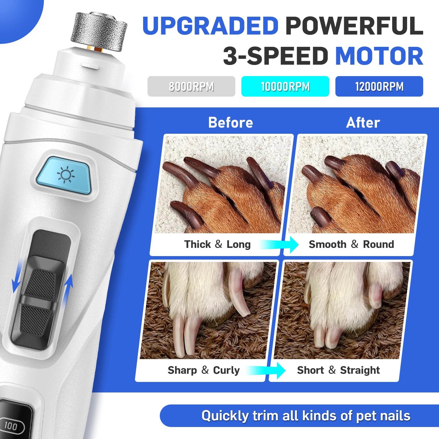 Quiet Rechargeable Dog Nail Grinder - 3 Speed with LED Display for Pets | Perfect for Grooming at Home