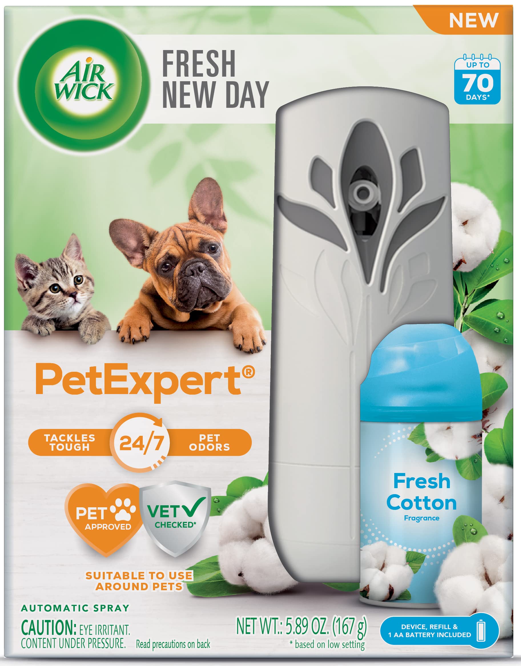 Air Wick Automatic Spray Starter Kit - Fresh New Day Scent, Pet & Cotton Odor Eliminator, Essential Oil Air Freshener for Home, Office & Bathroom | Long-Lasting Fragrance & Odor Neutralization