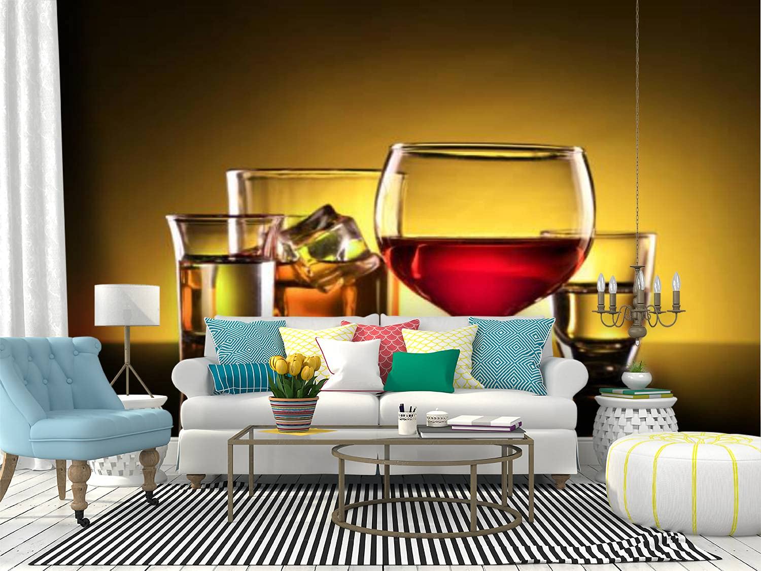 RECETHROWS Peel and Stick Wallpaper - Alcohol Wine Whiskey & Shot Glasses Self-Adhesive Vinyl Wall Mural - Large Removable Wall Sticker for Home Bar, Kitchen, or Man Cave Decor
