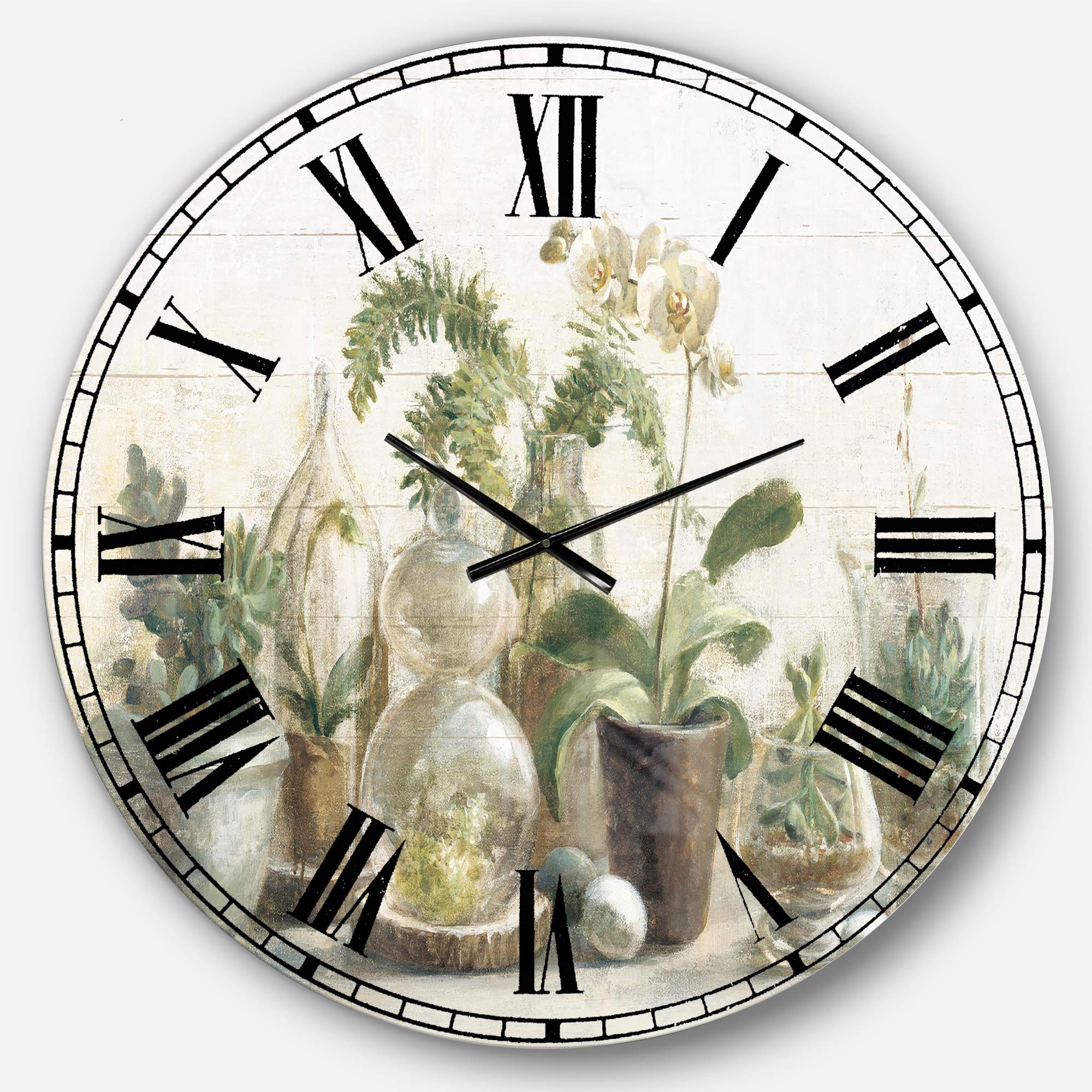 Designart Greenhouse Orchids Wall Art - Farmhouse Round Metal Wall Clock for Home, Living Room, Bedroom & Office Decor | Perfect for Rustic, Vintage & Botanical Themed Interiors